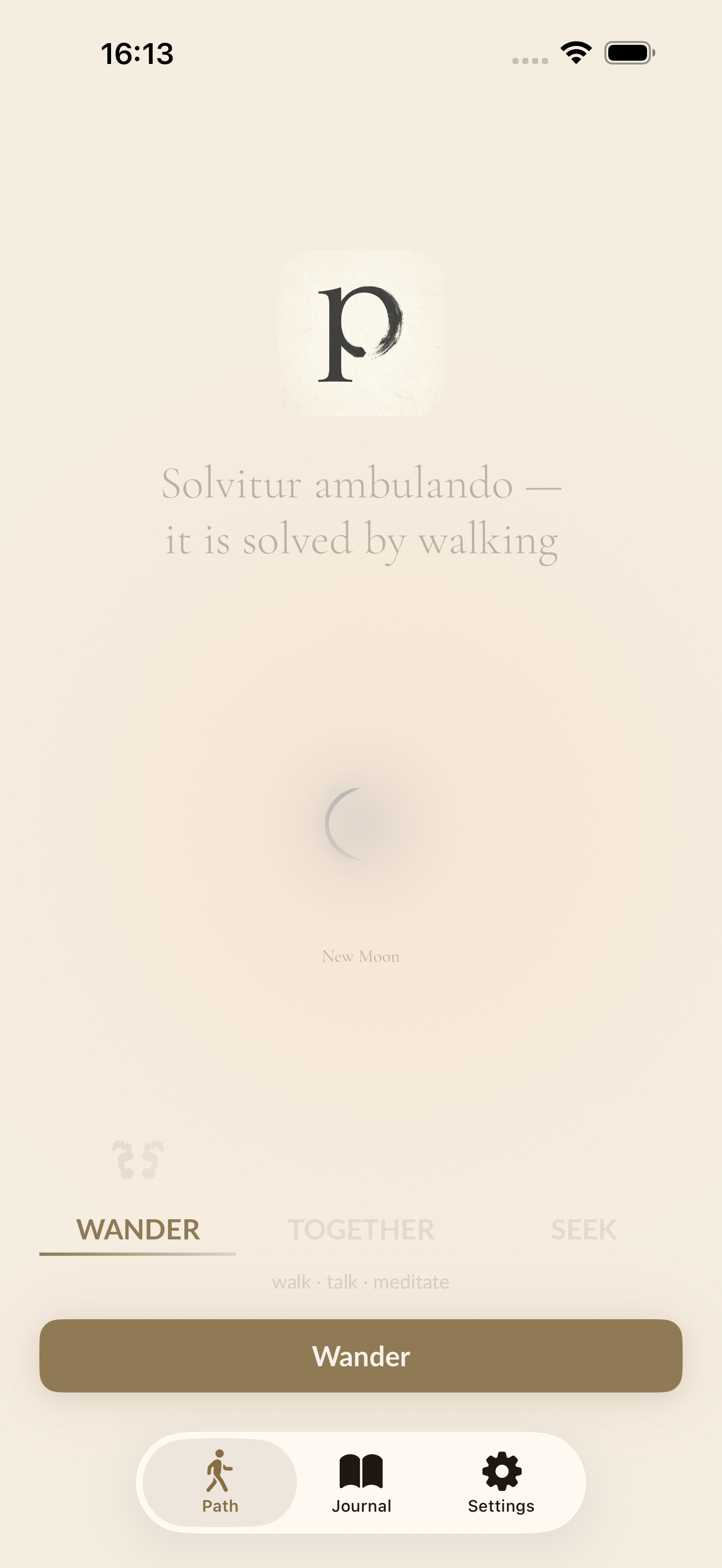 Walk start screen with quote and moon phase