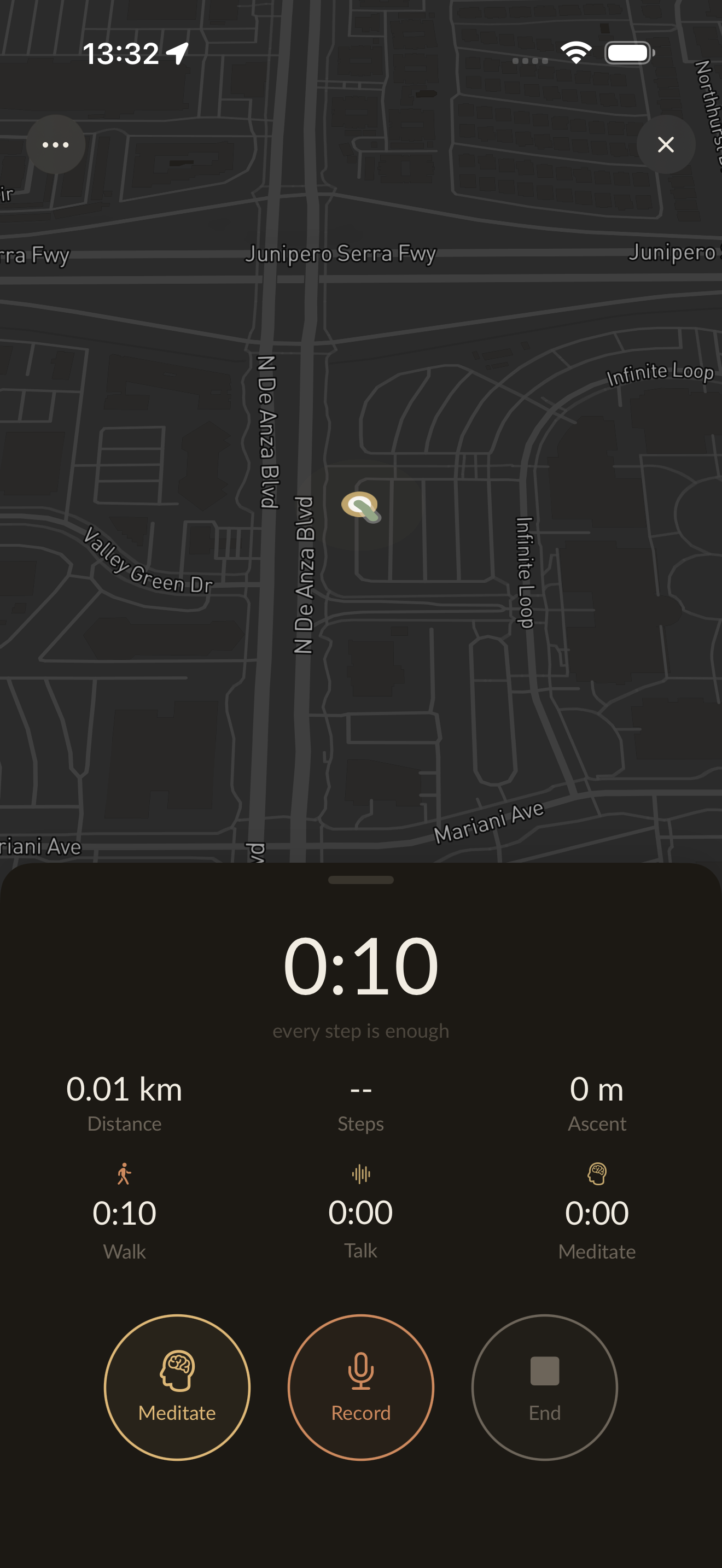 Active walk showing map, duration, intention mantra, stats, and Meditate, Record, and End controls