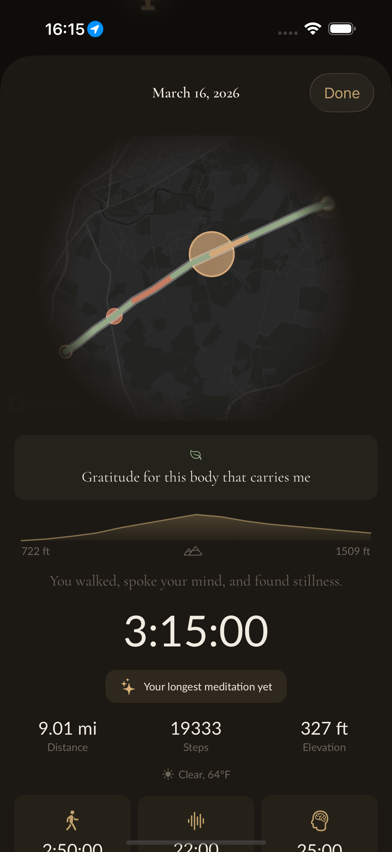 Walk summary with route map and milestone