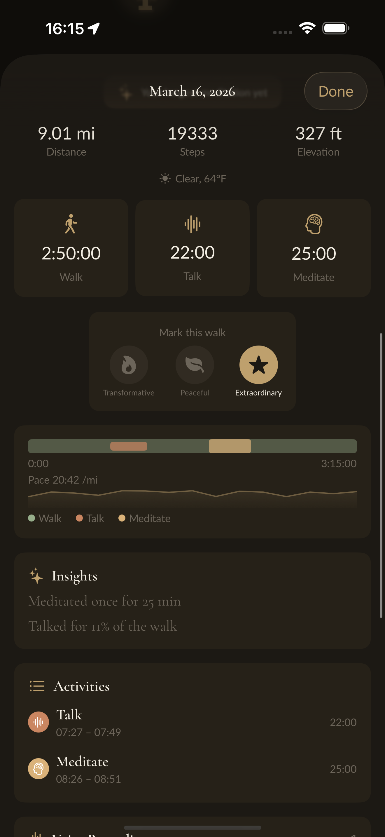 Time breakdown showing walk, talk, and meditate