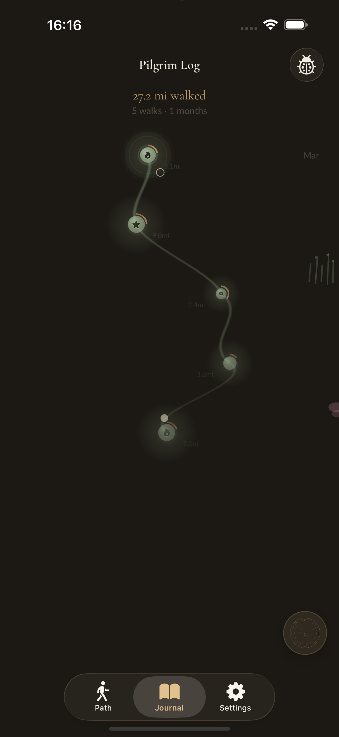 Journal showing walks as dots on an ink scroll path